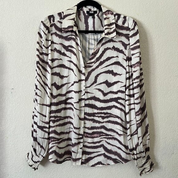 PAIGE Tops - Paige Top Womens Renay Button Up Shirt Blouse Large White Brown Long Sleeve